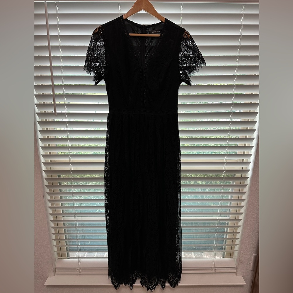 Lace V-Neck Black Midi Dress